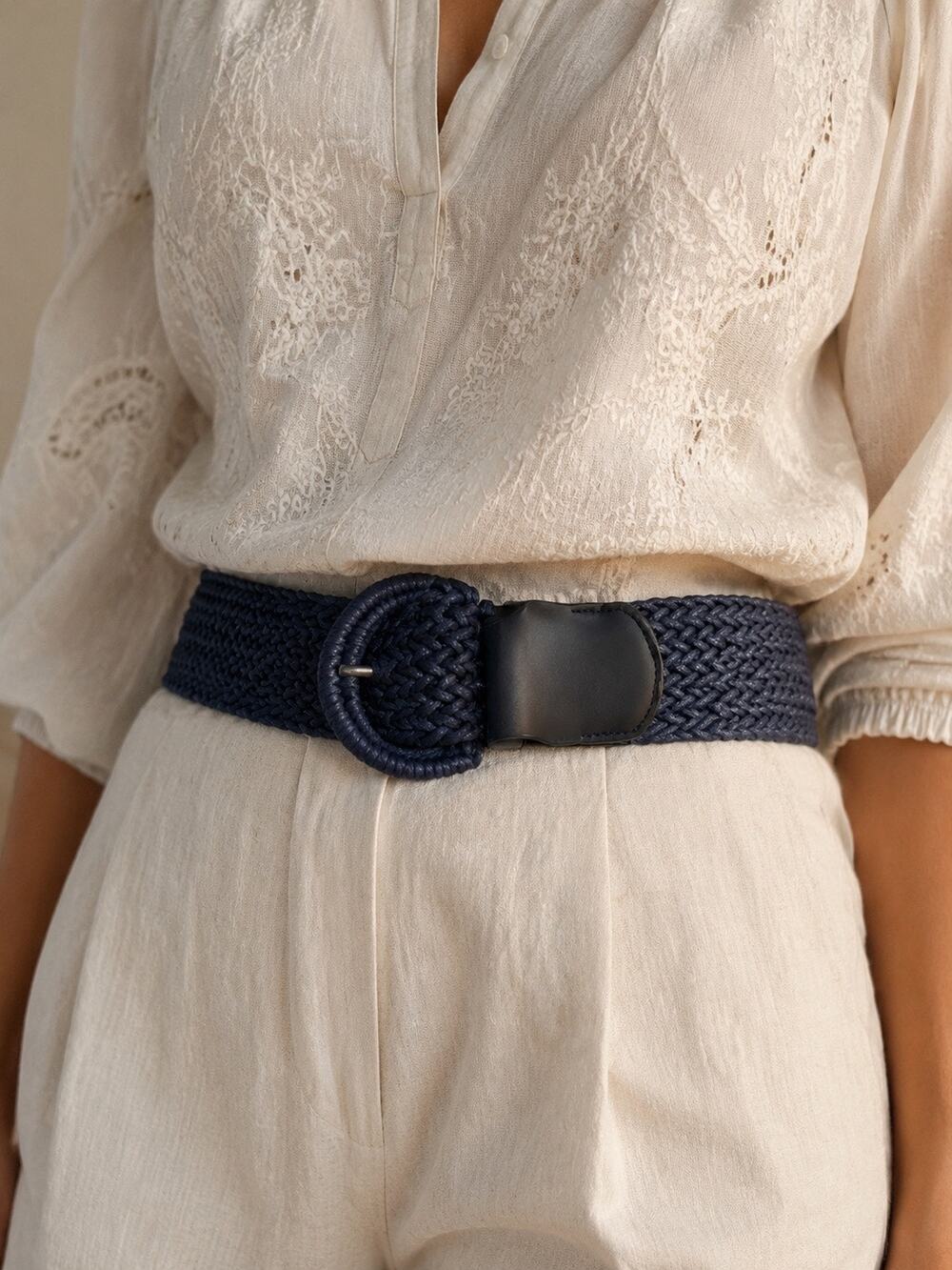 Wide Navy Blue Woven Stretch Belt XXL Plus Size Boho Waist Cinch 50.5”